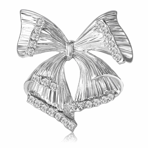 Élégante broche nœud argentée avec strass scintillants et texture ruban pour femme