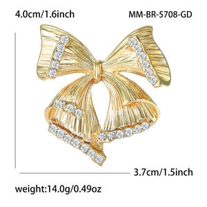 Broche nœud élégante en alliage doré avec strass pour costume femme de 4,0 x 3,7 cm