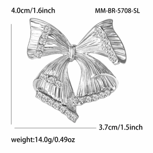 Broche nœud élégante en alliage argenté avec strass pour femmes, taille 4,0cm x 3,7cm