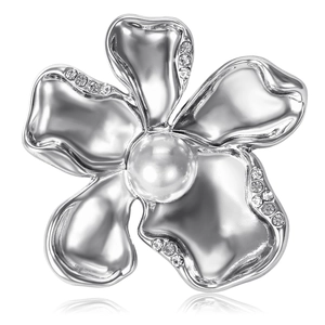 Elegant floral silver brooch with a large white pearl center and sparkling zircon accents