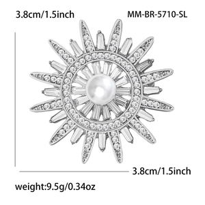 Broche soleil exquise avec perle et zircons brillants, épingle élégante de 3,8 cm