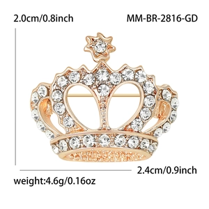 Élégante broche couronne en or rose avec strass en cristal et mesures de taille précises