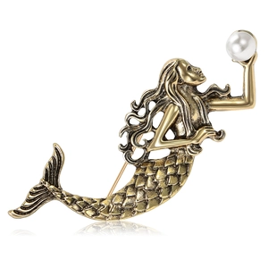 Vintage Mermaid Brooch Elegant Alloy Metal Pin With Faux Artificial Pearl For Women Dress Coat Banquet Accessories Retro Jewelry
