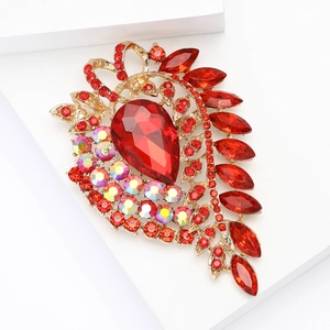 Elegant vintage large glass brooch with red stones and crystals in gold alloy setting