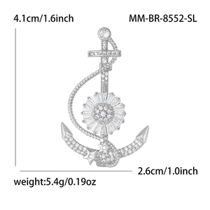 Broche ancre nautique argentée avec cristaux et texture de corde, 4,1 cm sur 2,6 cm
