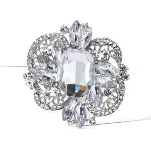 Macro detail of luxury silver alloy brooch featuring intricate filigree and large crystal