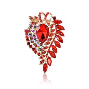 Exquisite vintage style gold alloy brooch with large red pear-shaped crystal and AB rhinestones