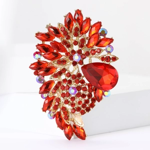 Exquisite large red crystal flower brooch with gold plated alloy for women evening wear