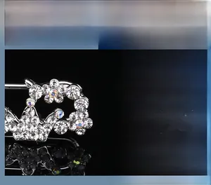 Vue macro d'une broche couronne argentée ornée de cristaux et de détails floraux fins