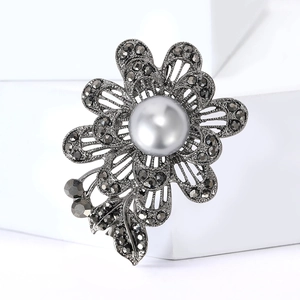 Broche Rose Noir Fusil Vintage Avec Fausse Künstliche Perle Grise Élégante Fleur Ajourée Strass Bijoux Pour Femmes Mariage Banquet