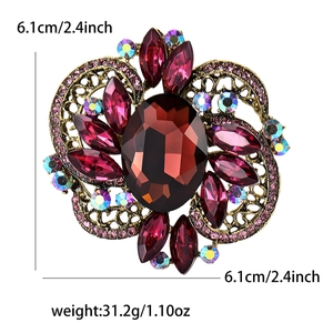 Luxurious vintage oval brooch with deep red crystals and rhinestones, 6.1cm size