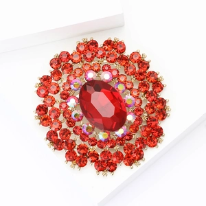Luxury gold alloy brooch with large oval red crystal and sparkling rhinestones
