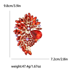 Exquisite large flower brooch with red rhinestones and golden alloy base dimensions