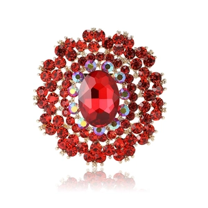 Luxury floral glass brooch with red oval gemstone and gold alloy base for women suit