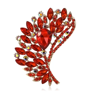 Vintage large red glass crystal brooch with rhinestones in gold-plated alloy setting