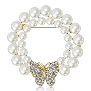 Élégante Broche Couronne en Künstliche Perles d'Imitation Papillon pour Femme Or Argent Alliage Strass Broche Ronde Bijoux Mariage