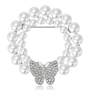 Broche ronde élégante en perles avec papillon en strass étincelant sur base en alliage argent