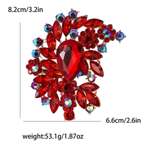 Vintage red crystal flower brooch in gold alloy finish, 8.2cm height elegant jewelry