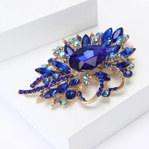 Eleganter großer Blumenbrosche aus Legierung mit tiefblauen Kristallen und Saphir-Strasssteinen