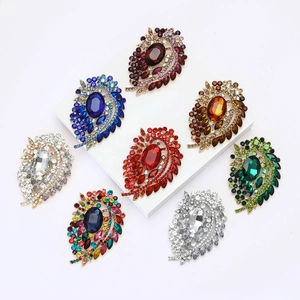 Retro Alloy Large Glass Brooch For Women Vintage Rhinestone Paisley Leaf Corsage Pin For Suits Shawls Jewelry Gift