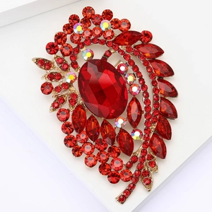 Luxury vintage red crystal glass brooch with gold alloy feather design for suits