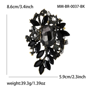 Gran broche vintage de diamantes de imitación negros con marco dorado, 8,6x5,9 cm
