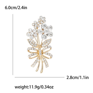 Elegant gold-tone crystal flower bouquet brooch with rhinestone bow for women suit decor