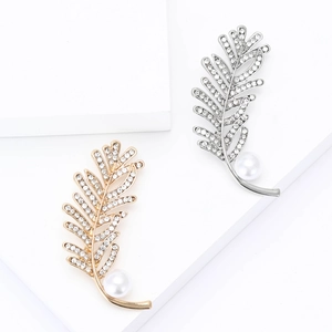 Broche Élégante en Forme de Plume Pour Femmes Alliage Strass Forme de Feuille Avec Fausse Künstliche Perle Pour Robe Fête Bijoux Cadeau