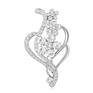 Élégante broche fleur argentée avec motif de cœur et strass brillants pour costume