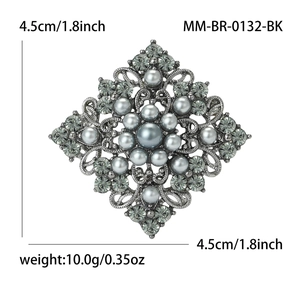 Broche géométrique vintage avec perles grises et strass sur base argentée