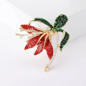 Elegant Daffodil Flower Rhinestone Brooch Pin For Women Alloy Gold Plated Red Green Floral Apparel Accessory For Shawl Suit