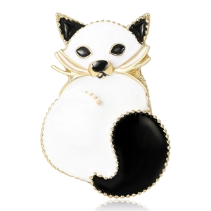 Cute Cat Brooch Alloy Gold Plated Enamel Black White Animal Lapel Pin With Faux Artificial Pearl For Women Clothing Accessories