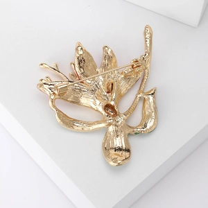 Elegant gold narcissus flower brooch with full crystals, rear view showing pin detail