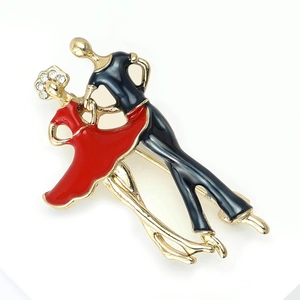 Elegant dancing couple brooch in gold alloy with red enamel and rhinestone details
