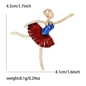 Elegant gold-tone ballet dancer brooch with red enamel skirt and blue top, 4.3cm tall
