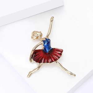 Elegant ballet dancer brooch with blue and red enamel finish on white geometric display