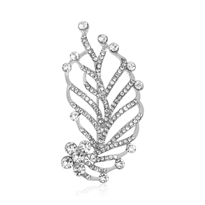 Elegant silver leaf brooch with sparkling zircons and a small flower detail