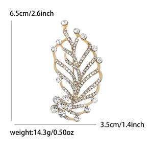 Elegant gold leaf brooch with rhinestones for women, 6.5cm length with dimensions scale