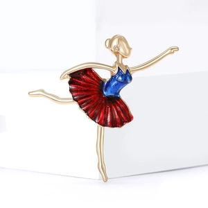 Elegant ballerina brooch pin in gold finish with red and blue enamel skirt dress
