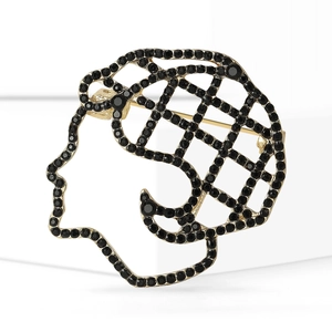 Artistic Hollow Human Profile Brooch With Black Rhinestones Gold Plated Alloy Geometric Face Pin For Women Suits Clothing Accessories