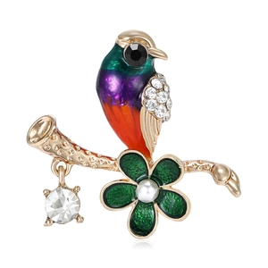 Enamel Hummingbird Brooch For Women Vintage Rhinestone Bird Pin With Artificial Pearl Flower Gold Tone Alloy Branch Jewelry Accessory