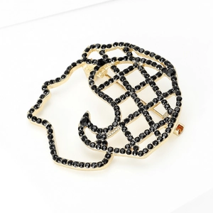 Unique brain profile brooch with black rhinestones in gold-plated hollow frame