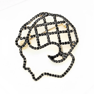 Unique side profile portrait brooch with black crystals and gold-plated finish