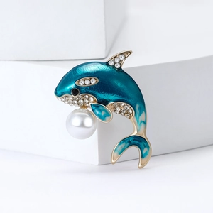 Prachtige blauwe emaille orka broche met kristallen en parel op gouden basis