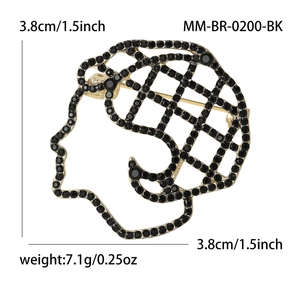 Golden profile portrait brooch with black rhinestones and diamond pattern, 3.8cm size