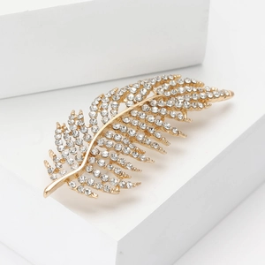 Broche plume dorée exquise avec strass en cristal pour costumes de dames élégantes