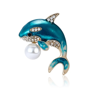 Elegante Legering Emaille Orka Brosje Met Imitatieparel Strass Blauwe Walvis Dier Reversspeld Voor Vrouwen Feest Sieraden