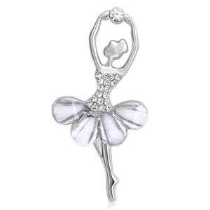 Elegante spilla ballerina d'argento con strass scintillanti e petali bianchi
