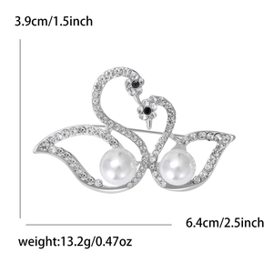 Detailed size parameters of silver double swan brooch with rhinestones and large white pearls