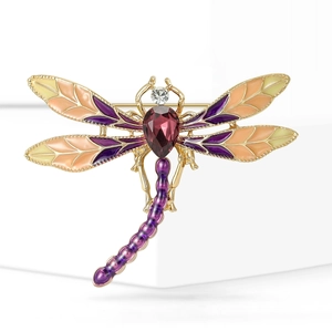 Squisita spilla a libellula dorata con smalto viola e rubino a forma di goccia d'acqua